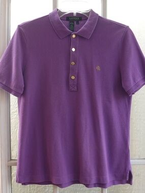 Lauren Ralph Lauren Gold Color Logo on Purple Half Gold Tone Button Up Shirt